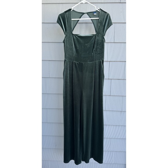 Old Navy Green Velvet Wide Leg Jumpsuit Medium Square Neck Pockets NWT - Picture 2 of 9